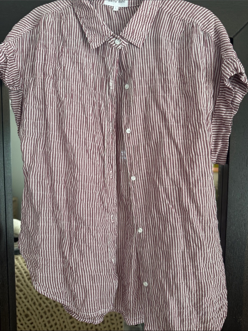 Bella Dahl Short-cap Sleeve Striped Button-Up Shirt - Burgundy/White